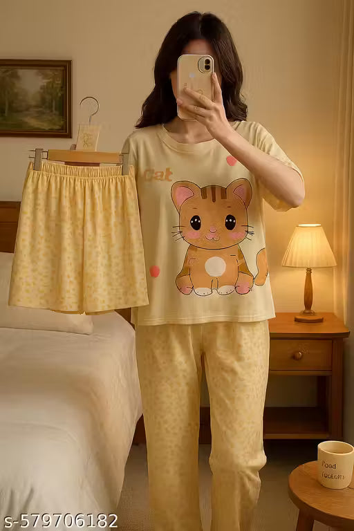 Classic Comfy Printed (Tshirt+ Shorts+ Pyjama)3pic Trendy Nightsuit