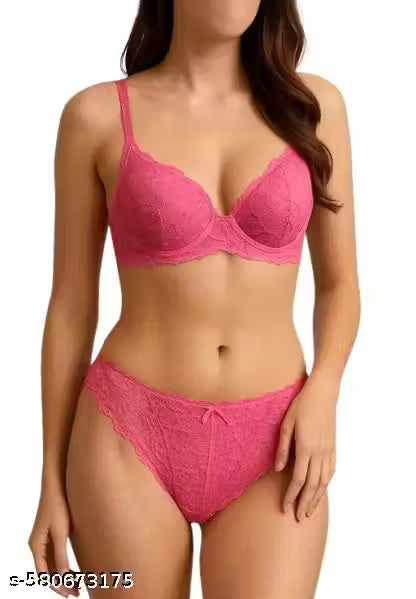 Sexy Pink Lace Lingerie Set – Elegant Sheer Transparent Babydoll Nightwear with Matching Panty | Bridal Honeymoon Wedding Night Dress & Romantic Sleepwear Bra and Panty Set