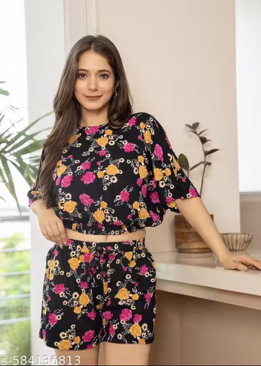 Floral Printed Round Neck Top With Shorts Co-Ords