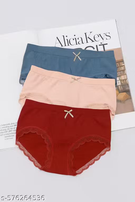 Pack of 3 Multicolour High Waist Cotton Panties for Women with Lace Design – Soft & Breathable Innerwear