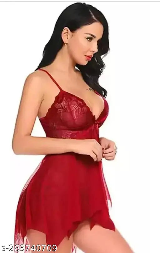 "Women's Fashion Hot Sexy Lace Blended Knee Length Baby Doll Sleep Dress with Panty(Maroon)|Lingerie Set For Woman|Night dress|honeymoon dress for women|Sexy nightwear| "