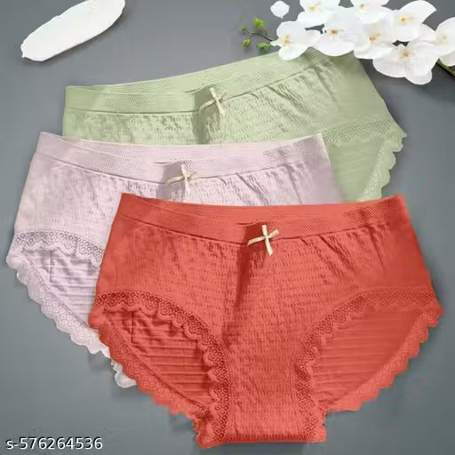 Pack of 3 Multicolour High Waist Cotton Panties for Women with Lace Design – Soft & Breathable Innerwear