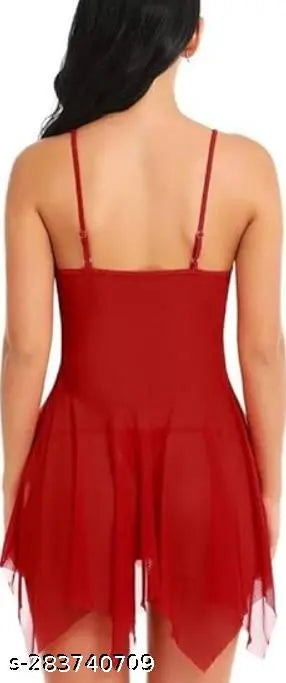 "Women's Fashion Hot Sexy Lace Blended Knee Length Baby Doll Sleep Dress with Panty(Maroon)|Lingerie Set For Woman|Night dress|honeymoon dress for women|Sexy nightwear| "